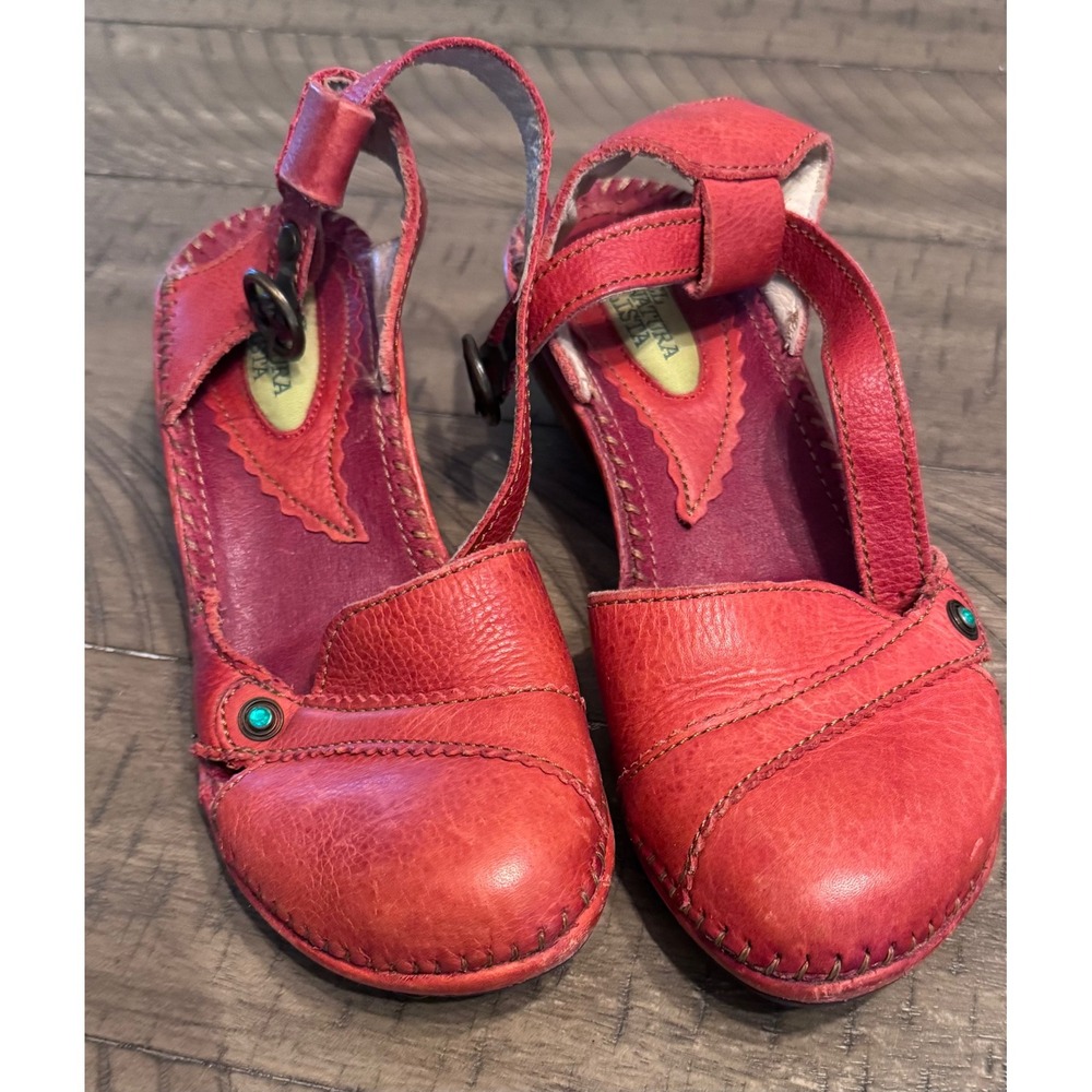 El Naturalista Red Leather Mary Jane Wedge Heels Boho Artisan Shoes 452 Size 37